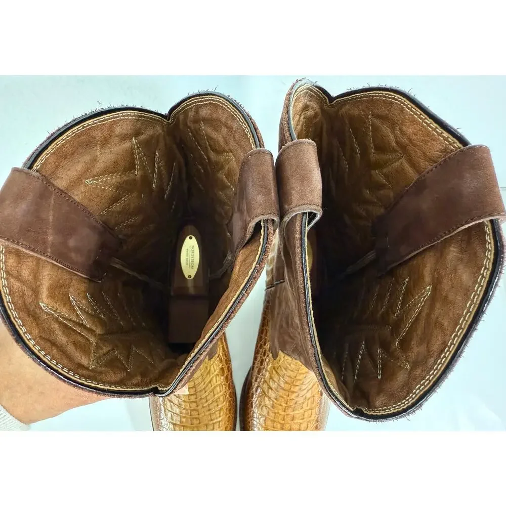 Men’s Custom Made Western Cowboy Boots Croc Embossed Leather Brown US 9.5 New